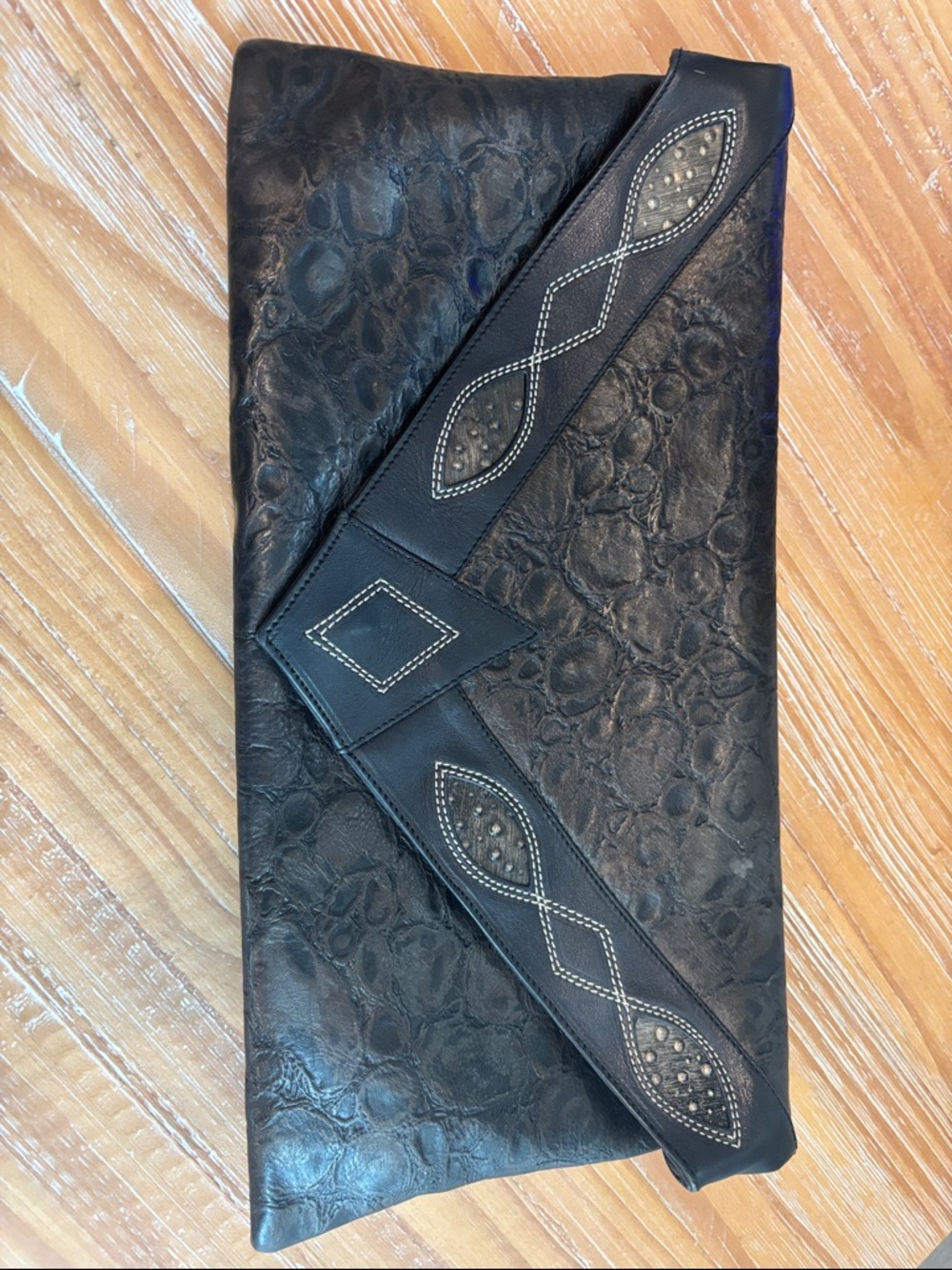 Black Textured Vegan Leather Clutch with Western Flair